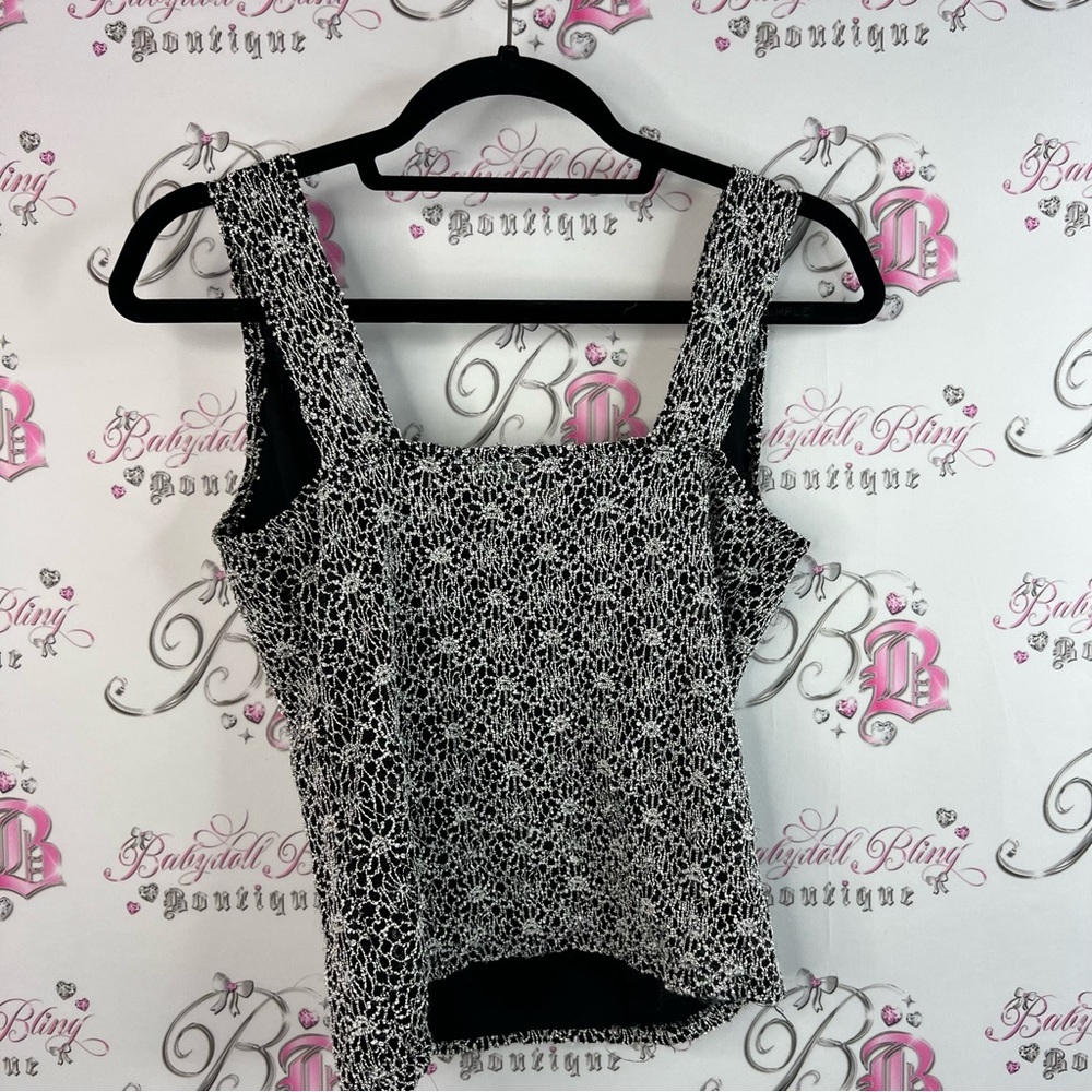 NICOLA tank top crochet detail Black and White silver Floral Tank Top cami - Picture 7 of 9